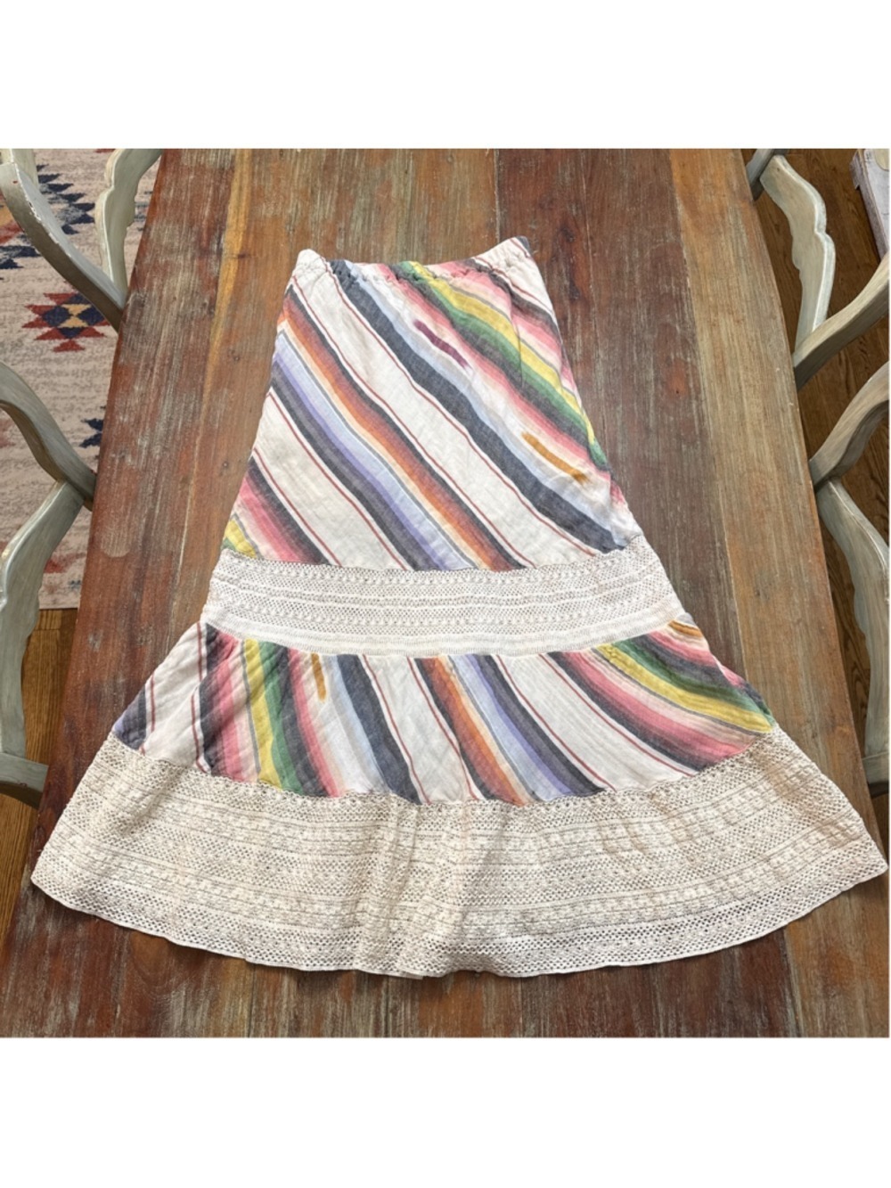 Tasha Polizzi Multi-Color Striped Tiered Maxi Skirt Cotton Lace Trim Small
